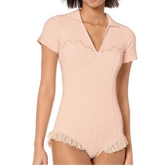 Puma Fenty By Rihanna Pink Lace Polo Collar Bodysuit Shirt Size Medium - Picture 1 of 12